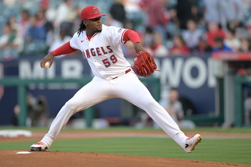May 13, 2024; Anaheim, California, USA;  Los Angeles Angels starting pitcher Jose Soriano (59) delivers to the plate in the first inning against the St. Louis Cardinals at Angel Stadium. Mandatory Credit: Jayne Kamin-Oncea-USA TODAY Sports
