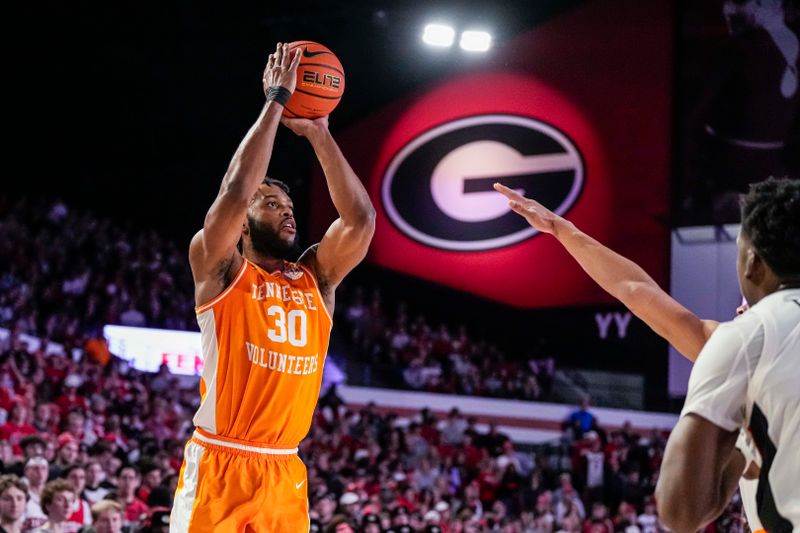 Jan 13, 2024; Athens, Georgia, USA; Tennessee Volunteers guard Josiah-Jordan James (30) shoots against the Georgia Bulldogs during the first half at Stegeman Coliseum. Mandatory Credit: Dale Zanine-USA TODAY Sports