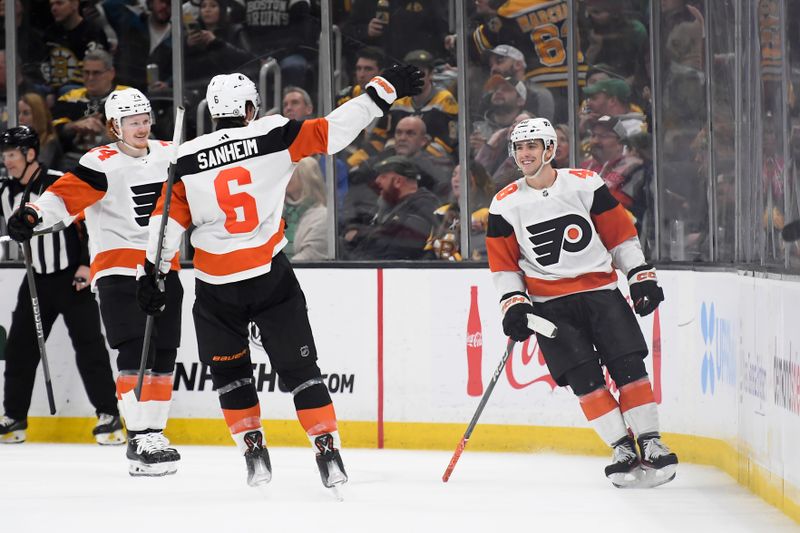 Mar 16, 2024; Boston, Massachusetts, USA; Philadelphia Flyers defenseman Travis Sanheim (6) reacts after a goal by center Morgan Frost (48) during the third period against the Boston Bruins at TD Garden. Mandatory Credit: Bob DeChiara-USA TODAY Sports