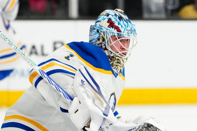Mar 17, 2026; Las Vegas, Nevada, USA; Buffalo Sabres goaltender Ukko-Pekka Luukkonen (1) warms up before a game against the Vegas Golden Knights at T-Mobile Arena. Mandatory Credit: Stephen R. Sylvanie-Imagn Images