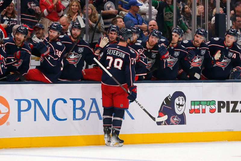 Oct 18, 2025; Columbus, Ohio, USA; Columbus Blue Jackets defenseman Damon Severson (78) celebrates after scoring a goal against the Tampa Bay Lightning during the second period at Nationwide Arena. Mandatory Credit: Russell LaBounty-Imagn Images
