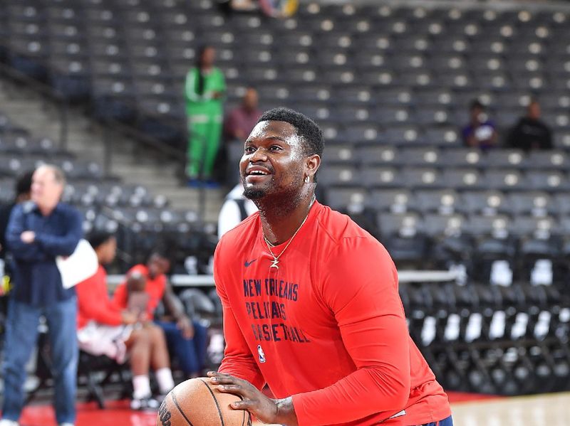 COLLEGE PARK, GEORGIA - OCTOBER 14: Zion Williamson #1 of the New Orleans Pelicans shoots the ball before the preseason game against the Atlanta Hawks at Gateway Center Arena on October 14, 2023 in College Park, Georgia. NOTE TO USER: User expressly acknowledges and agrees that, by downloading and/or using this photograph, user is consenting to the terms and conditions of the Getty Images License Agreement (Photo by Paras Griffin/Getty Images)