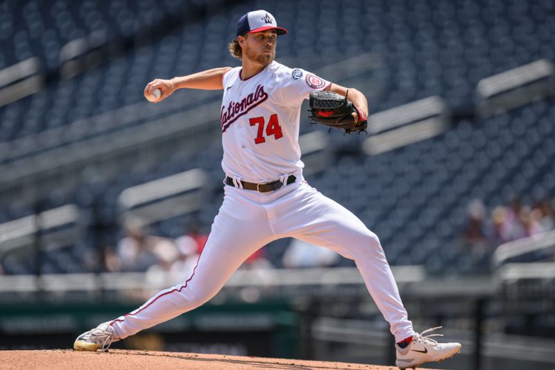 Jul 26, 2023; Washington, District of Columbia, USA; Washington Nationals starting pitcher Jake Irvin (74) throws a pitch during the first inning against the Colorado Rockies at Nationals Park. Mandatory Credit: Reggie Hildred-USA TODAY Sports