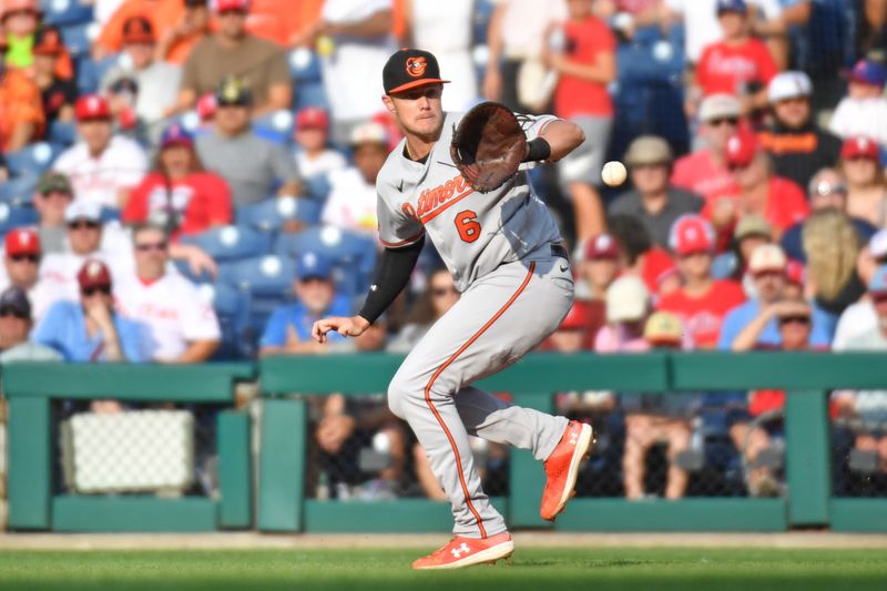 Jul 26, 2023; Philadelphia, Pennsylvania, USA; Baltimore Orioles first baseman Ryan Mountcastle (6) fields a ground ball during the first inning against the Philadelphia Phillies at Citizens Bank Park. Mandatory Credit: Eric Hartline-USA TODAY Sports