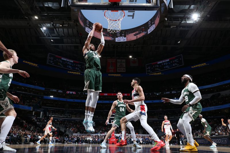 WASHINGTON, DC -? APRIL 2: Giannis Antetokounmpo #34 of the Milwaukee Bucks grabs the rebound during the game against the Washington Wizards on April 2, 2024 at Capital One Arena in Washington, DC. NOTE TO USER: User expressly acknowledges and agrees that, by downloading and or using this Photograph, user is consenting to the terms and conditions of the Getty Images License Agreement. Mandatory Copyright Notice: Copyright 2024 NBAE (Photo by Stephen Gosling/NBAE via Getty Images)