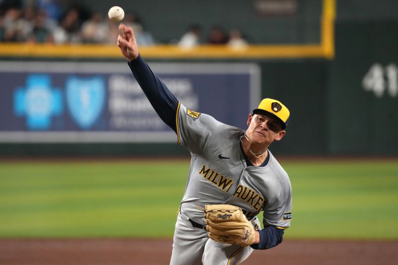 Sep 14, 2024; Phoenix, Arizona, USA; Milwaukee Brewers pitcher Tobias Myers (36) throws against the Arizona Diamondbacks in the first inning at Chase Field. Mandatory Credit: Rick Scuteri-Imagn Images