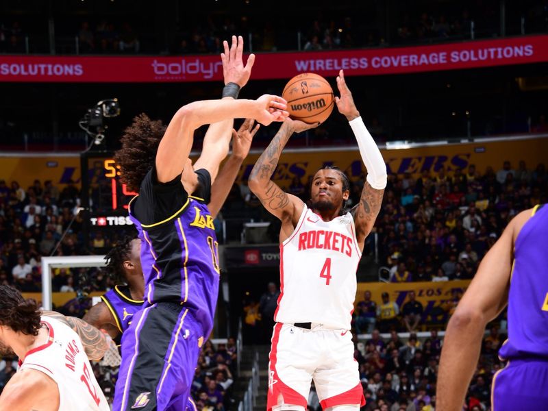LOS ANGELES, CA - MARCH 31: Jalen Green #4 of the Houston Rockets shoots the ball during the game against the Los Angeles Lakers on March 31, 2025 at Crypto.Com Arena in Los Angeles, California. NOTE TO USER: User expressly acknowledges and agrees that, by downloading and/or using this Photograph, user is consenting to the terms and conditions of the Getty Images License Agreement. Mandatory Copyright Notice: Copyright 2025 NBAE (Photo by Adam Pantozzi/NBAE via Getty Images)
