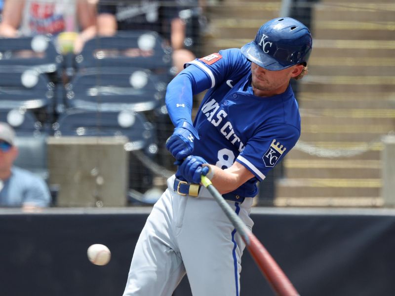May 1, 2025; St. Petersburg, Florida, USA; Kansas City Royals outfielder Drew Waters (8) singles against the Tampa Bay Rays during the third inning at George M. Steinbrenner Field. Mandatory Credit: Kim Klement Neitzel-Imagn Images