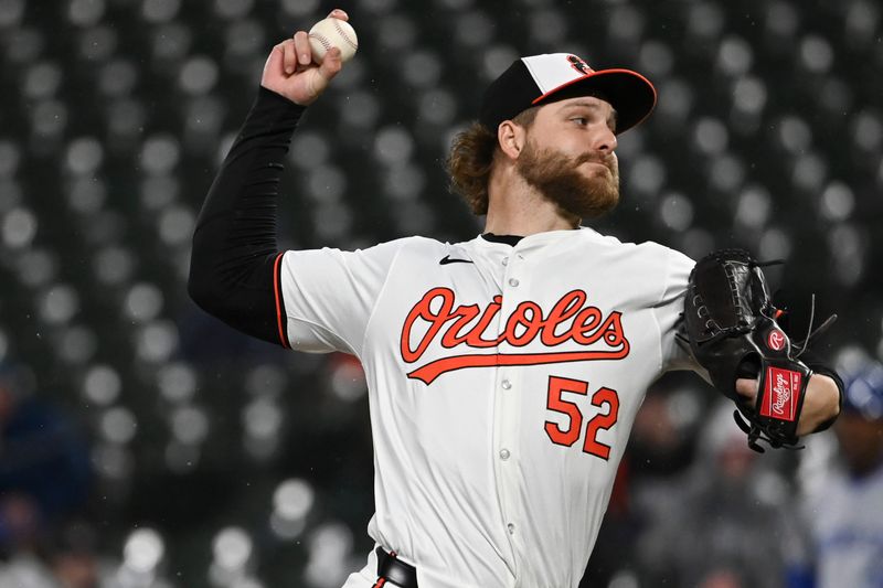 Apr 2, 2024; Baltimore, Maryland, USA;  Baltimore Orioles relief pitcher Jonathan Heasley (52) throws  a ninth inning pitch against the Kansas City Royals at Oriole Park at Camden Yards. Mandatory Credit: Tommy Gilligan-USA TODAY Sports