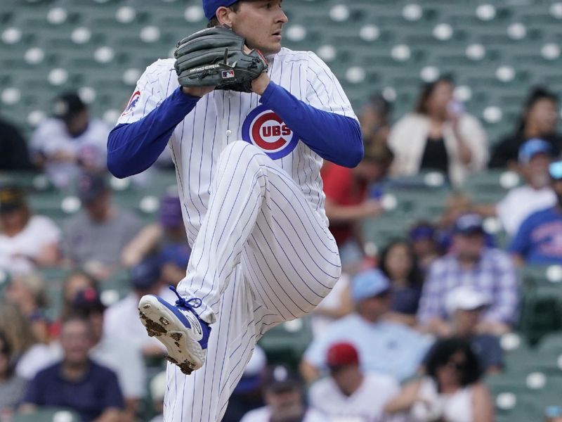 Jul 7, 2024; Chicago, Illinois, USA; Chicago Cubs pitcher Hayden Wesneski (19) throws the ball against the Los Angeles Angels during the first inning at Wrigley Field. Mandatory Credit: David Banks-USA TODAY Sports