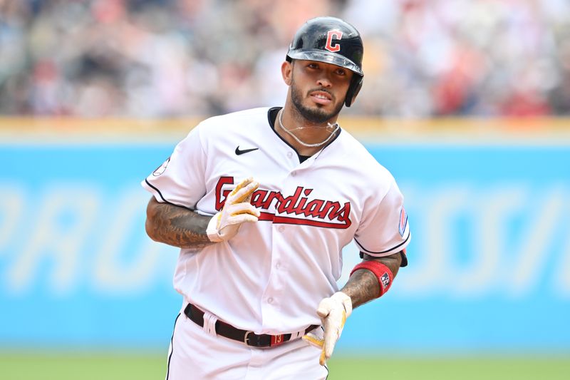 Aug 6, 2023; Cleveland, Ohio, USA; Cleveland Guardians shortstop Gabriel Arias (13) rounds the bases after hitting a home run during the fifth inning against the Chicago White Sox at Progressive Field. Mandatory Credit: Ken Blaze-USA TODAY Sports