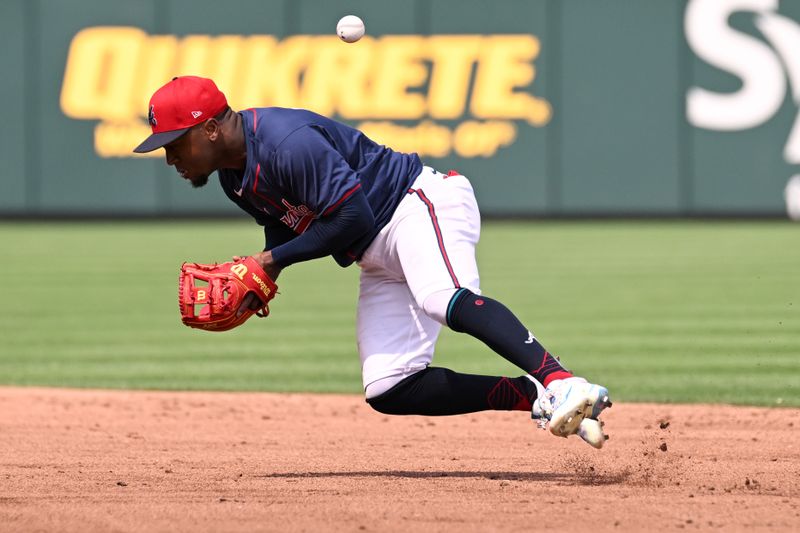 Mar 5, 2024; North Port, Florida, USA;  Atlanta Braves second baseman Ozzie Albies (1) misplays a ground ball in the third inning of the spring training game against the Detroit Tigers at CoolToday Park. Mandatory Credit: Jonathan Dyer-USA TODAY Sports