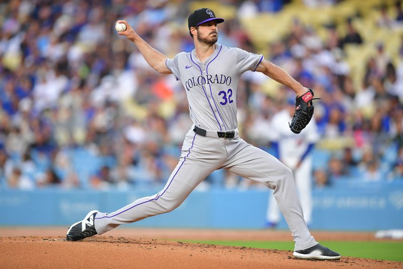 May 31, 2024; Los Angeles, California, USA; Colorado Rockies pitcher Dakota Hudson (32) throws against the Los Angeles Dodgers during the first inning at Dodger Stadium. Mandatory Credit: Gary A. Vasquez-USA TODAY Sports