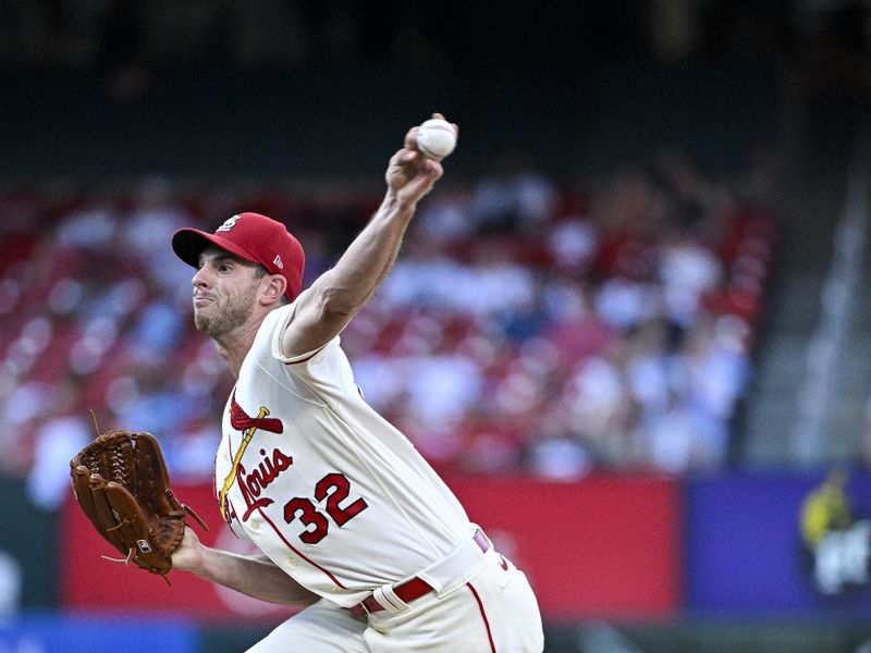 Aug 5, 2023; St. Louis, Missouri, USA;  St. Louis Cardinals starting pitcher Steven Matz (32) pitches against the Colorado Rockies during the third inning at Busch Stadium. Mandatory Credit: Jeff Curry-USA TODAY Sports