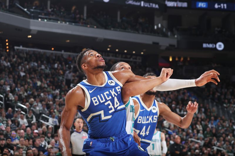 MILWAUKEE, WI - NOVEMBER 23: Giannis Antetokounmpo #34 of the Milwaukee Bucks looks on during the game against the Charlotte Hornets on November 23, 2024 at the Fiserv Forum Center in Milwaukee, Wisconsin. NOTE TO USER: User expressly acknowledges and agrees that, by downloading and or using this Photograph, user is consenting to the terms and conditions of the Getty Images License Agreement. Mandatory Copyright Notice: Copyright 2024 NBAE (Photo by Gary Dineen/NBAE via Getty Images).