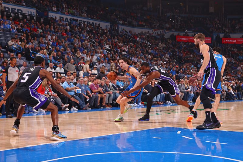 OKLAHOMA CITY, OK - APRIL 9: Josh Giddey #3 of the Oklahoma City Thunder dribbles the ball during the game against the Sacramento Kings  on April 9, 2024 at Paycom Arena in Oklahoma City, Oklahoma. NOTE TO USER: User expressly acknowledges and agrees that, by downloading and or using this photograph, User is consenting to the terms and conditions of the Getty Images License Agreement. Mandatory Copyright Notice: Copyright 2024 NBAE (Photo by Zach Beeker/NBAE via Getty Images)