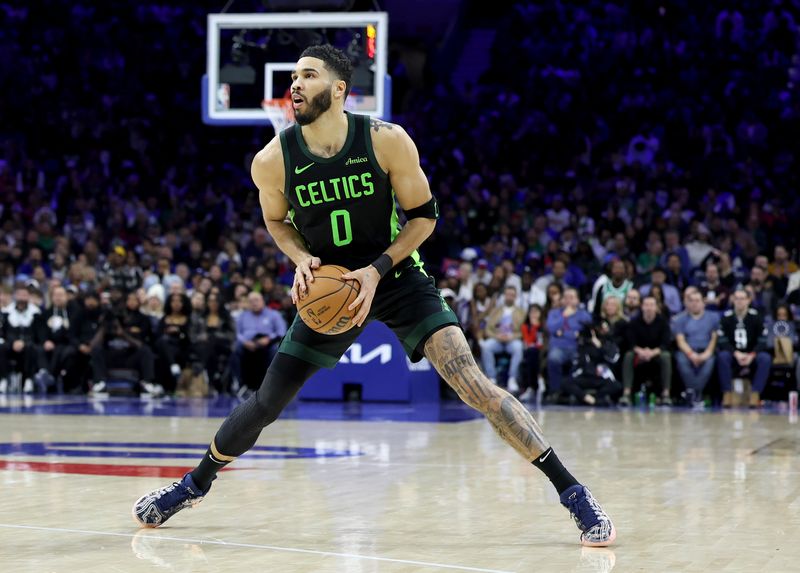 PHILADELPHIA, PENNSYLVANIA - FEBRUARY 02: Jayson Tatum #0 of the Boston Celtics dribbles the ball during a game against the Philadelphia 76ers at the Wells Fargo Center on February 02, 2025 in Philadelphia, Pennsylvania. NOTE TO USER: User expressly acknowledges and agrees that, by downloading and or using this photograph, User is consenting to the terms and conditions of the Getty Images License Agreement. (Photo by Emilee Chinn/Getty Images)