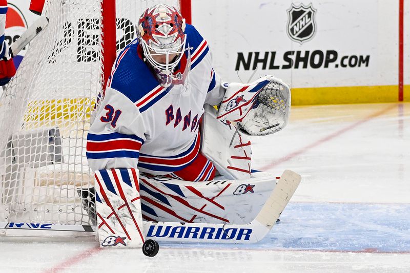 Jan 11, 2024; St. Louis, Missouri, USA;  New York Rangers goaltender Igor Shesterkin (31) defends the net against the St. Louis Blues during the second period at Enterprise Center. Mandatory Credit: Jeff Curry-USA TODAY Sports