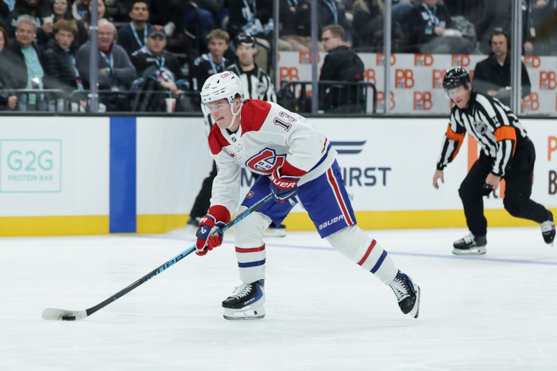 Nov 26, 2025; Salt Lake City, Utah, USA; Montreal Canadiens right wing Cole Caufield (13) races down the ice on a breakaway during the second period against the Utah Mammoth at Delta Center. Mandatory Credit: Chris Nicoll-Imagn Images