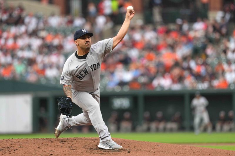 Apr 30, 2024; Baltimore, Maryland, USA; New York Yankees pitcher Nestor Cortes (65) delivers in the third inning against the Baltimore Orioles at Oriole Park at Camden Yards. Mandatory Credit: Mitch Stringer-USA TODAY Sports