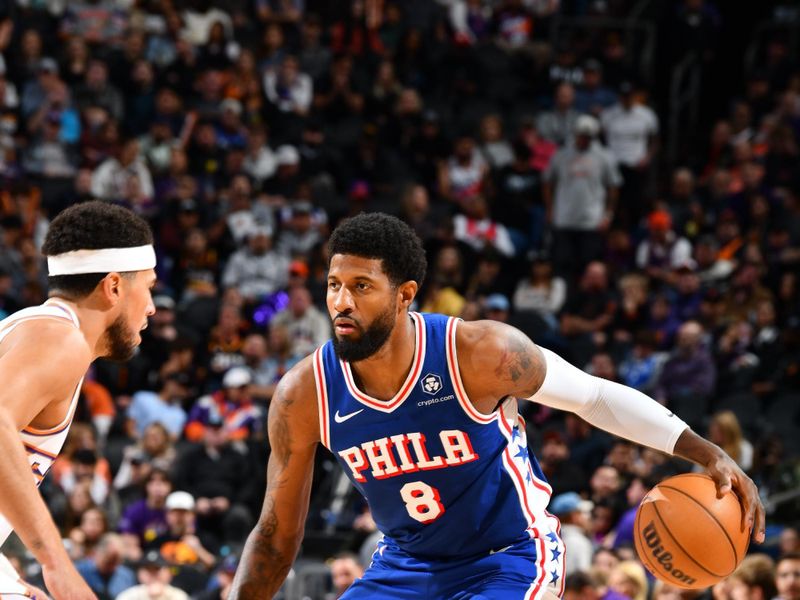 PHOENIX, AZ - NOVEMBER 4: Paul George #8 of the Philadelphia 76ers dribbles the ball during the game against the Phoenix Suns on November 4, 2024 at Footprint Center in Phoenix, Arizona. NOTE TO USER: User expressly acknowledges and agrees that, by downloading and or using this photograph, user is consenting to the terms and conditions of the Getty Images License Agreement. Mandatory Copyright Notice: Copyright 2024 NBAE (Photo by Barry Gossage/NBAE via Getty Images)