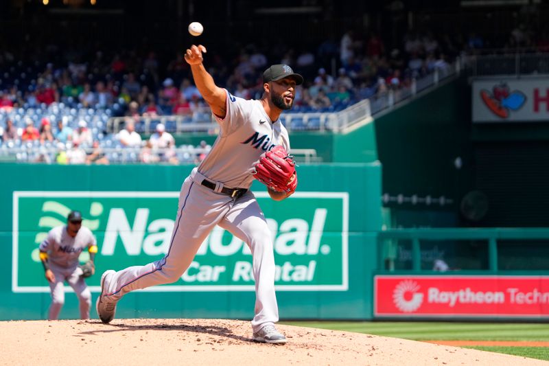 Sep 3, 2023; Washington, District of Columbia, USA;  Miami Marlins pitcher Sandy Alcantara (22) delivers a pitch against the Washington Nationals during the first inning at Nationals Park. Mandatory Credit: Gregory Fisher-USA TODAY Sports