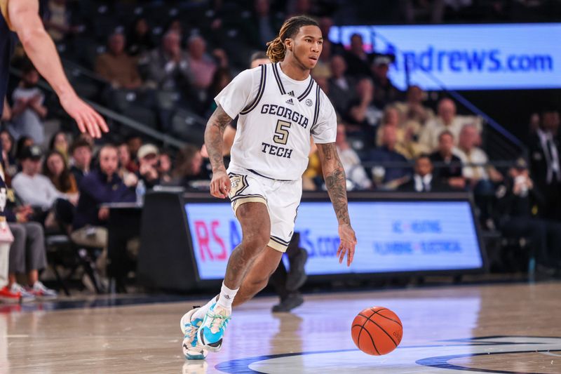 Feb 8, 2023; Atlanta, Georgia, USA; Georgia Tech Yellow Jackets guard Deivon Smith (5) dribbles against the Notre Dame Fighting Irish in the second half at McCamish Pavilion. Mandatory Credit: Brett Davis-USA TODAY Sports