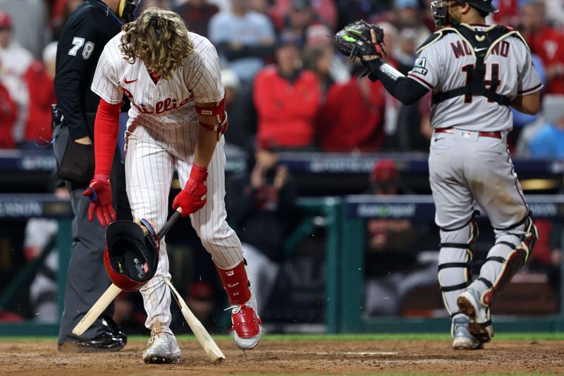 Oct 24, 2023; Philadelphia, Pennsylvania, USA; Philadelphia Phillies first baseman Alec Bohm (28) reacts after striking out against the Arizona Diamondbacks in the eighth inning for game seven of the NLCS for the 2023 MLB playoffs at Citizens Bank Park. Mandatory Credit: Bill Streicher-USA TODAY Sports