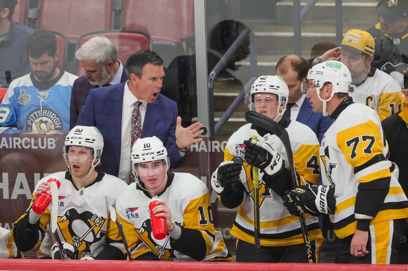 Dec 8, 2023; Sunrise, Florida, USA; Pittsburgh Penguins head coach Mike Sullivan reacts from the bench against the Florida Panthers during the third period at Amerant Bank Arena. Mandatory Credit: Sam Navarro-USA TODAY Sports