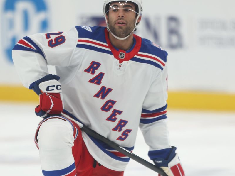 Jan 31, 2026; Pittsburgh, Pennsylvania, USA;  New York Rangers defenseman Matthew Robertson (29) warms up against the Pittsburgh Penguins at PPG Paints Arena. Mandatory Credit: Charles LeClaire-Imagn Images