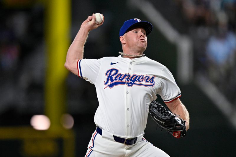 Sep 2, 2024; Arlington, Texas, USA; Texas Rangers relief pitcher Chase Anderson (45) pitches against the New York Yankees during the sixth inning at Globe Life Field. Mandatory Credit: Jerome Miron-USA TODAY Sports