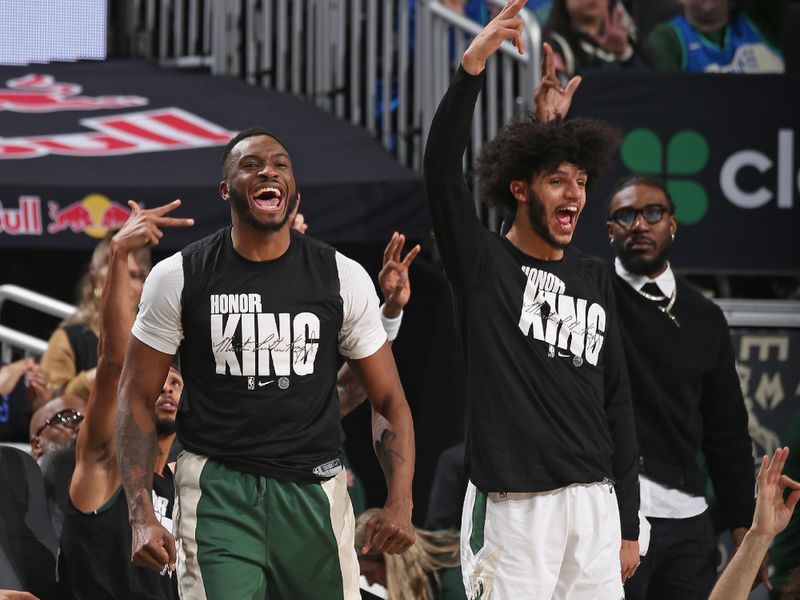 MILWAUKEE, WI - JANUARY 14: Thanasis Antetokounmpo #43 of the Milwaukee Bucks celebrates during the game against the Sacramento Kings on January 14, 2024 at the Fiserv Forum Center in Milwaukee, Wisconsin. NOTE TO USER: User expressly acknowledges and agrees that, by downloading and or using this Photograph, user is consenting to the terms and conditions of the Getty Images License Agreement. Mandatory Copyright Notice: Copyright 2024 NBAE (Photo by Gary Dineen/NBAE via Getty Images).