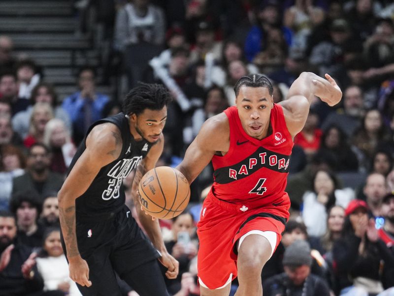 TORONTO, ON - JANUARY 1: Scottie Barnes #4 of the Toronto Raptors dribbles against the Brooklyn Nets during the second half of their basketball game at the Scotiabank Arena on January 1, 2025 in Toronto, Ontario, Canada. NOTE TO USER: User expressly acknowledges and agrees that, by downloading and/or using this Photograph, user is consenting to the terms and conditions of the Getty Images License Agreement. (Photo by Mark Blinch/Getty Images)