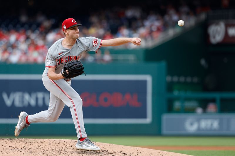 Jul 20, 2024; Washington, District of Columbia, USA; Cincinnati Reds starting pitcher Nick Lodolo (40) pitches against the Washington Nationals during the first inning at Nationals Park. Mandatory Credit: Geoff Burke-USA TODAY Sports