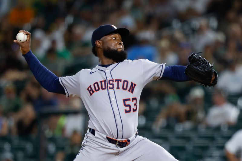 Sep 23, 2025; West Sacramento, California, USA; Houston Astros starting pitcher Cristian Javier (53) throws during the second inning against the Athletics at Sutter Health Park. Mandatory Credit: Sergio Estrada-Imagn Images