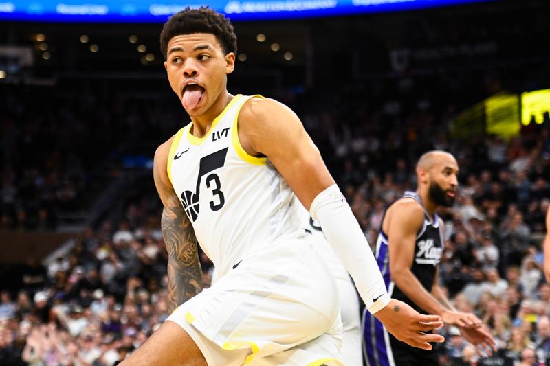 SALT LAKE CITY, UTAH - OCTOBER 15: Keyonte George #3 of the Utah Jazz celebrates a basket during the second half of a preseason game against the Sacramento Kings at Delta Center on October 15, 2024 in Salt Lake City, Utah. NOTE TO USER: User expressly acknowledges and agrees that, by downloading and or using this photograph, User is consenting to the terms and conditions of the Getty Images License Agreement. (Photo by Alex Goodlett/Getty Images)