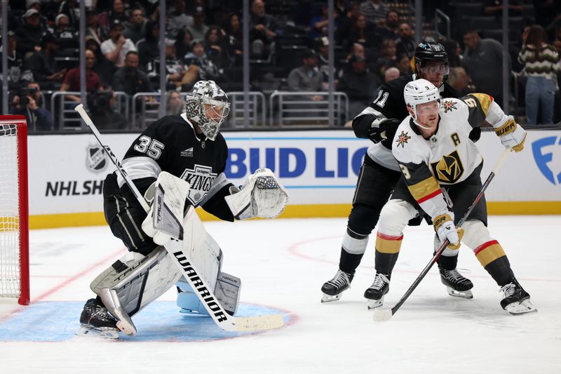 Oct 30, 2024; Los Angeles, California, USA;  Los Angeles Kings goaltender Darcy Kuemper (35) defends the goal during the third period against the Vegas Golden Knights at Crypto.com Arena. Mandatory Credit: Kiyoshi Mio-Imagn Images