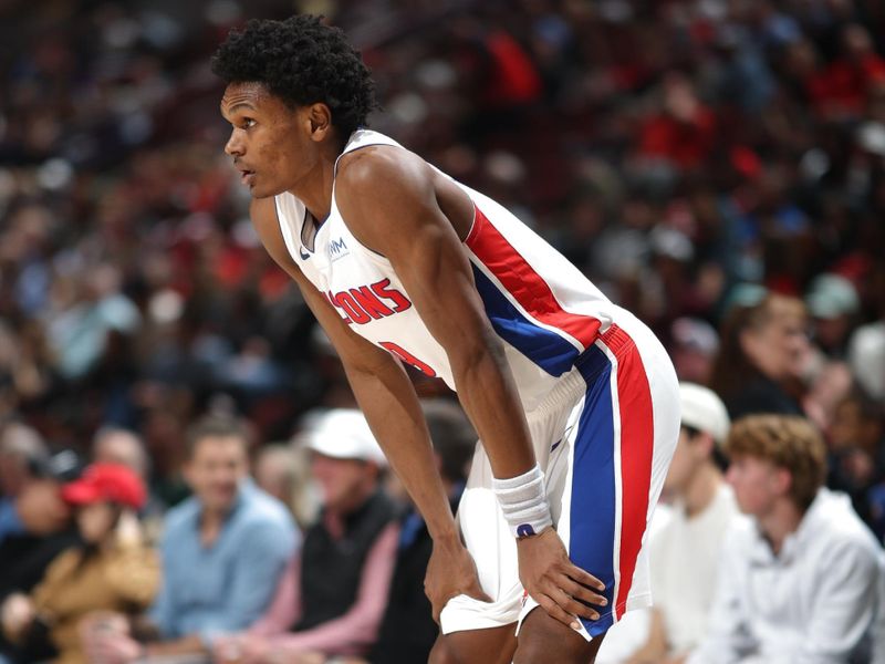 CHICAGO, IL -FEBRUARY 27: Ausar Thompson #9 of the Detroit Pistons looks on during the game against the Chicago Bulls on February 27, 2024 at United Center in Chicago, Illinois. NOTE TO USER: User expressly acknowledges and agrees that, by downloading and or using this photograph, User is consenting to the terms and conditions of the Getty Images License Agreement. Mandatory Copyright Notice: Copyright 2024 NBAE (Photo by Jeff Haynes/NBAE via Getty Images)