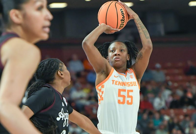 Mar 5, 2025; Greenville, South Carolina, USA; Tennessee guard Talaysia Cooper (55) takes a shot near Texas A&M forward Amirah Abdur-Rahim (23) during the first quarter of the Southeastern Conference Women's Basketball Tournament at Bon Secours Wellness Arena.  Mandatory Credit: Ken Ruinard/USA TODAY NETWORK via Imagn Images