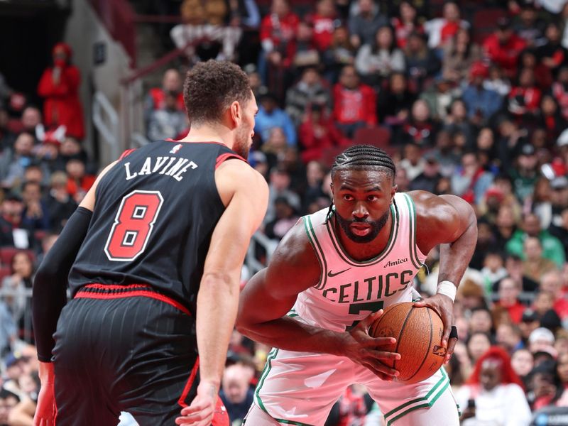 CHICAGO, IL - NOVEMBER 29: Jaylen Brown #7 of the Boston Celtics looks to pass the ball during the game against the Chicago Bulls during the Emirates NBA Cup game on November 29, 2024 at United Center in Chicago, Illinois. NOTE TO USER: User expressly acknowledges and agrees that, by downloading and or using this photograph, User is consenting to the terms and conditions of the Getty Images License Agreement. Mandatory Copyright Notice: Copyright 2024 NBAE (Photo by Jeff Haynes/NBAE via Getty Images)