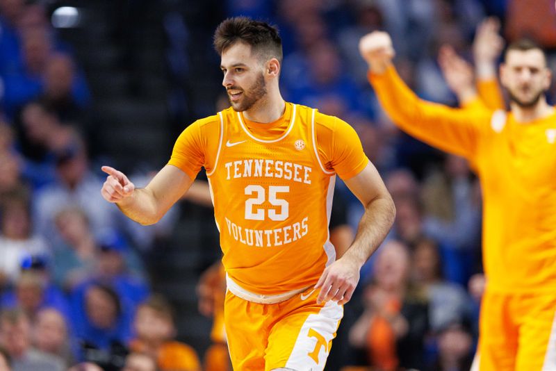 Feb 18, 2023; Lexington, Kentucky, USA; Tennessee Volunteers guard Santiago Vescovi (25) celebrates a basket during the second half against the Kentucky Wildcats at Rupp Arena at Central Bank Center. Mandatory Credit: Jordan Prather-USA TODAY Sports