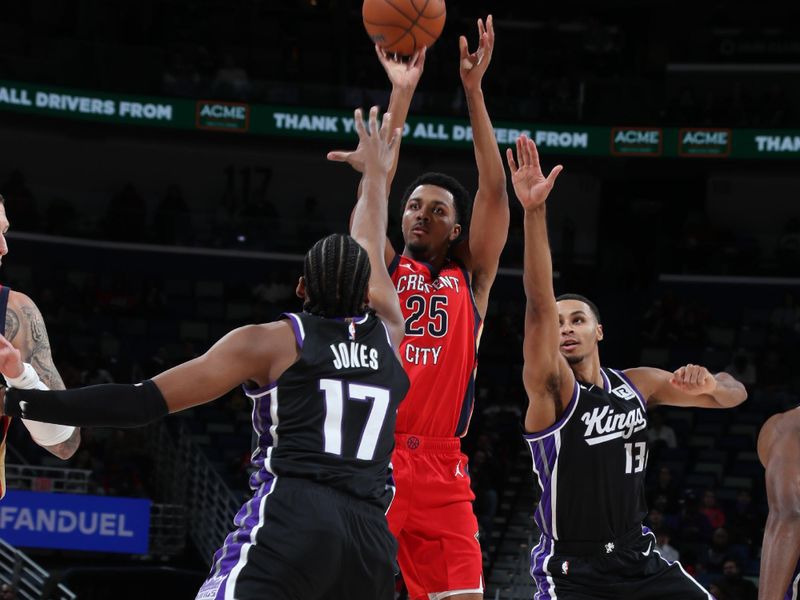 NEW ORLEANS, LA - DECEMBER 12: Trey Murphy III #25 of the New Orleans Pelicans shoots the ball during the game against the Sacramento Kings on December 12, 2024 at the Smoothie King Center in New Orleans, Louisiana. NOTE TO USER: User expressly acknowledges and agrees that, by downloading and or using this Photograph, user is consenting to the terms and conditions of the Getty Images License Agreement. Mandatory Copyright Notice: Copyright 2024 NBAE (Photo by Layne Murdoch Jr./NBAE via Getty Images)