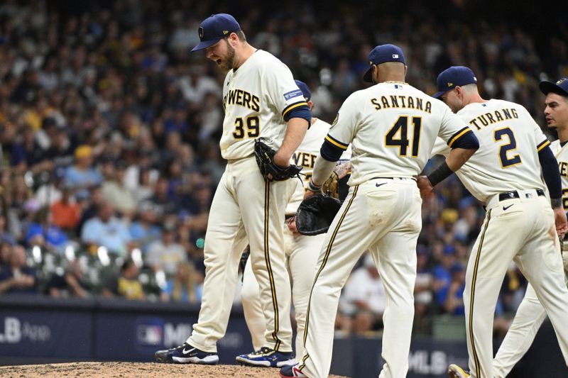 Oct 3, 2023; Milwaukee, Wisconsin, USA; Milwaukee Brewers starting pitcher Corbin Burnes (39) reacts in the fifth inning against the Arizona Diamondbacks during game one of the Wildcard series for the 2023 MLB playoffs at American Family Field. Mandatory Credit: Michael McLoone-USA TODAY Sports