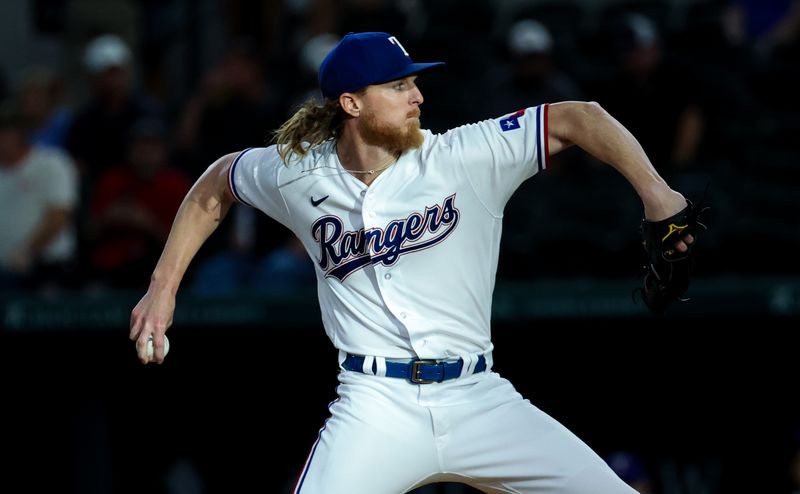 Aug 16, 2023; Arlington, Texas, USA;  Texas Rangers starting pitcher Jon Gray (22) throws during the first inning against the Los Angeles Angels at Globe Life Field. Mandatory Credit: Kevin Jairaj-USA TODAY Sports