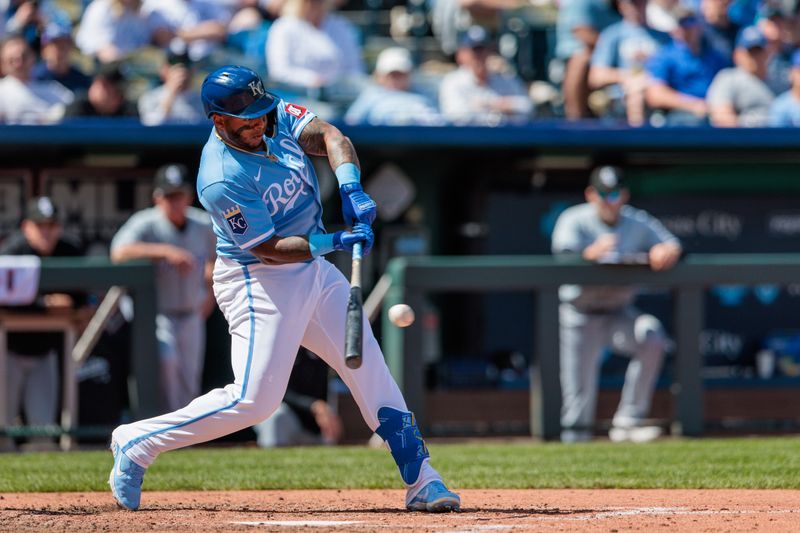 Apr 7, 2024; Kansas City, Missouri, USA; Kansas City Royals outfielder Nelson Velázquez (17) batting during the fifth inning against the Chicago White Sox at Kauffman Stadium. Mandatory Credit: William Purnell-USA TODAY Sports