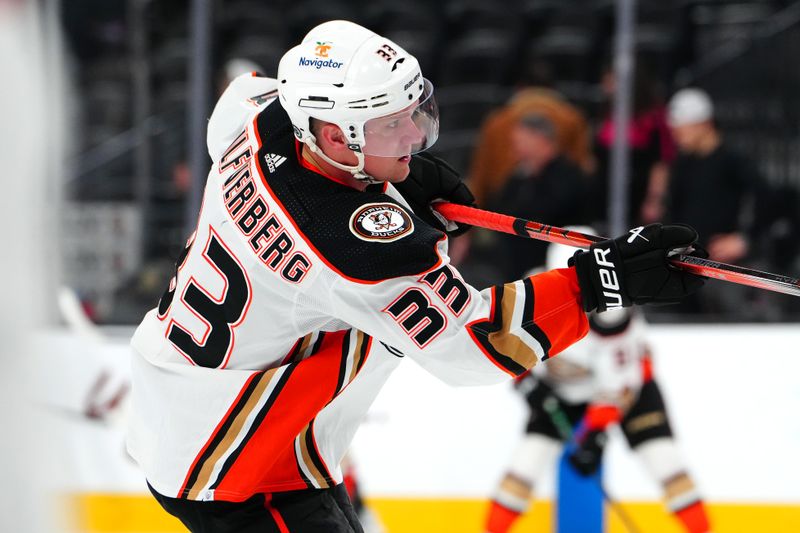 Apr 18, 2024; Las Vegas, Nevada, USA; Anaheim Ducks right wing Jakob Silfverberg (33) warms up before the start of a game against the Vegas Golden Knights at T-Mobile Arena. Mandatory Credit: Stephen R. Sylvanie-USA TODAY Sports