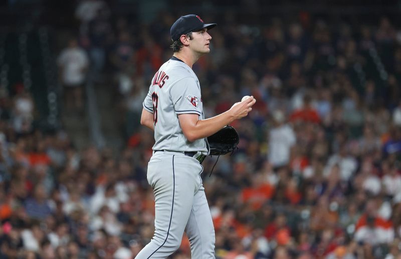 Aug 1, 2023; Houston, Texas, USA; Cleveland Guardians starting pitcher Gavin Williams (63) reacts during the fourth inning against the Houston Astros at Minute Maid Park. Mandatory Credit: Troy Taormina-USA TODAY Sports
