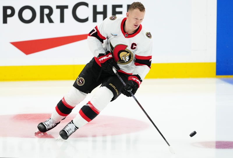 Nov 12, 2024; Toronto, Ontario, CAN; Ottawa Senators left wing Brady Tkachuk (7) skates during the warmup against the Toronto Maple Leafs at Scotiabank Arena. Mandatory Credit: Nick Turchiaro-Imagn Images