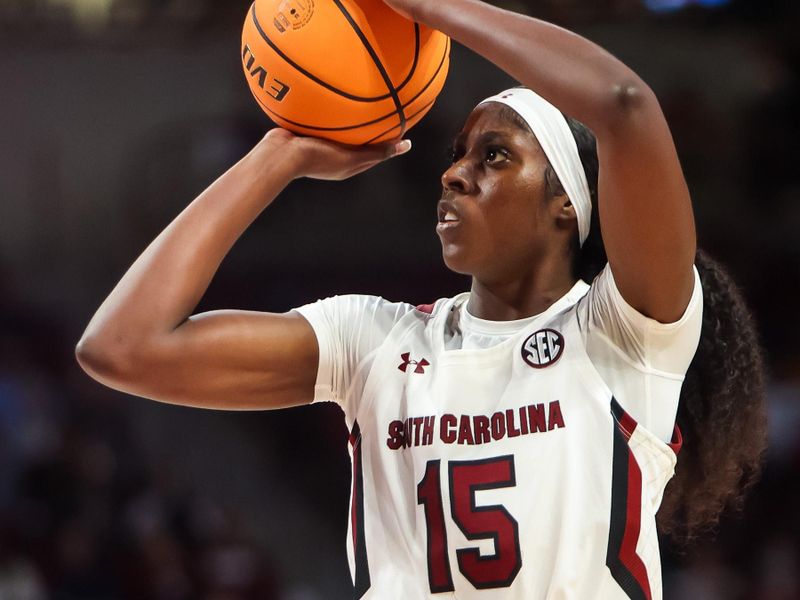 Dec 3, 2022; Columbia, South Carolina, USA; South Carolina Gamecocks forward Laeticia Amihere (15) shoots against the Memphis Tigers in the first half at Colonial Life Arena. Mandatory Credit: Jeff Blake-USA TODAY Sports