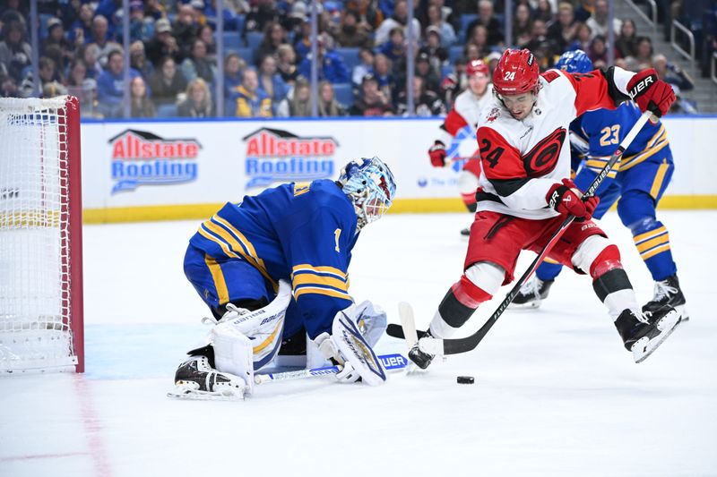 Nov 23, 2025; Buffalo, New York, USA; Carolina Hurricanes center Seth Jarvis (24) tries to get the puck past Buffalo Sabres goaltender Ukko-Pekka Luukkonen (1) in the first period at KeyBank Center. Mandatory Credit: Mark Konezny-Imagn Images